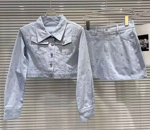 Women Fashion Rhinestone Button Up Jacket Two Piece Skirt Set