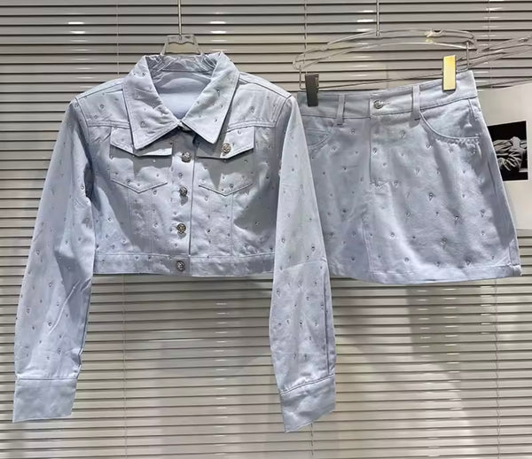Women Fashion Rhinestone Button Up Jacket Two Piece Skirt Set