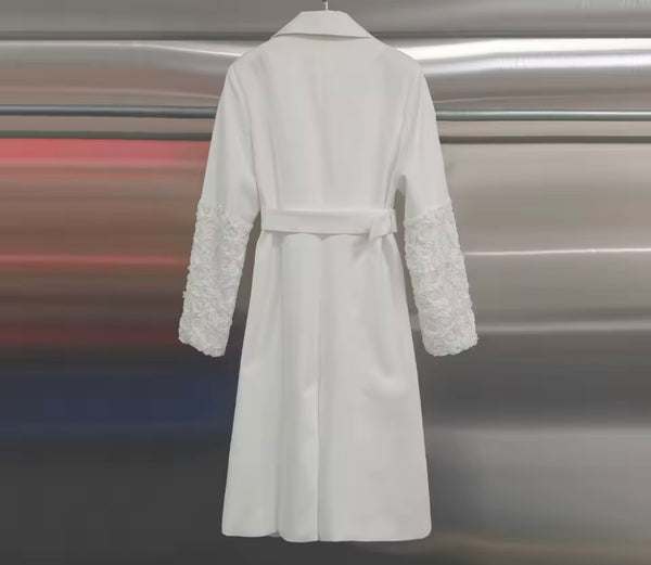 Women White Fashion Floral Sleeve Belted Trench Jacket
