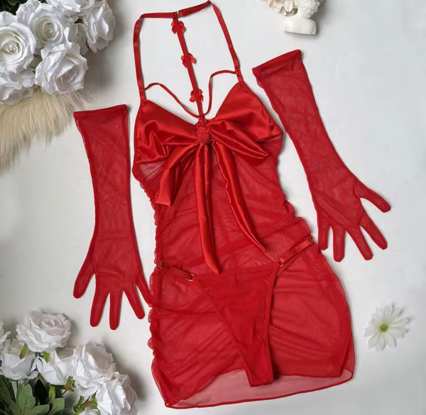 Women Red Sexy Sleeveless Bow Mesh Nightgown Lingerie Set