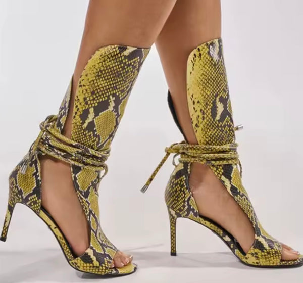 Women Fashion Snake Print Lace Up High Heel Sandals