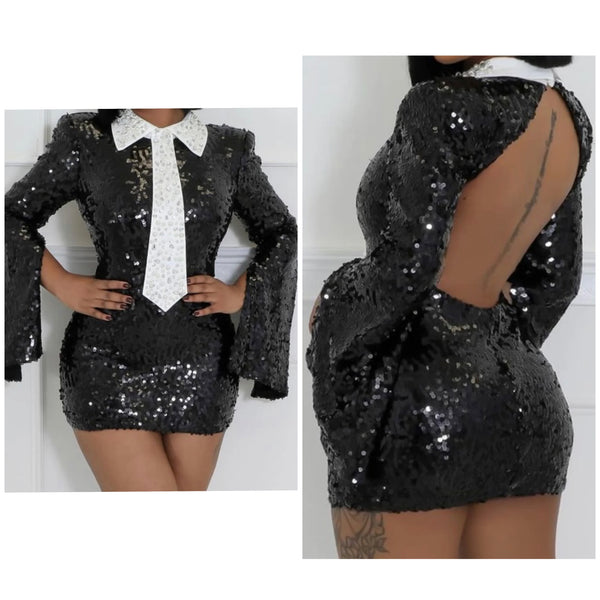 Women Sexy B&W Pearl Bling Tie Full Sleeve Sequins Open Back Dress