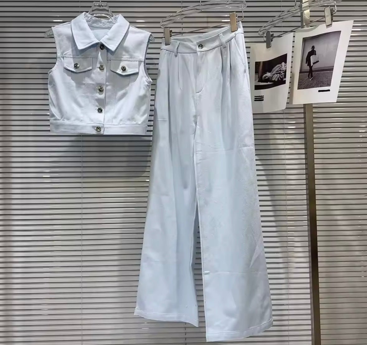 Women Fashion Sleeveless Button Up Vest Two Piece Pant Set