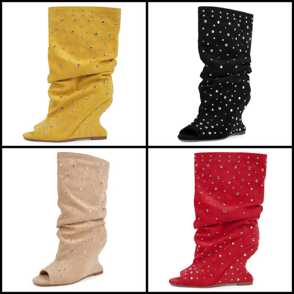 Women Fashion Open Toe Rivet Wedge Ruched Knee High Boots