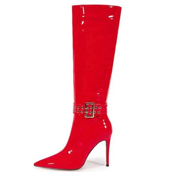 Women Fashion Patent Leather Buckled Knee High Boots