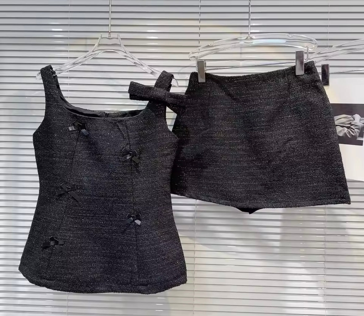 Women Sexy Sleeveless Bow Tweed Two Piece Skirt Set