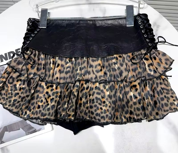 Women Sexy Strapless Faux Leather Leopard Print Two Piece Skirt Set