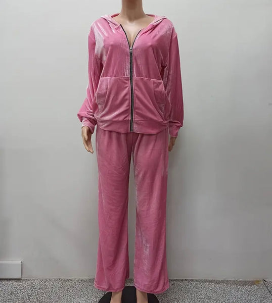 Women Color Fashion Hooded Velour Tracksuit Two Piece Pant Set