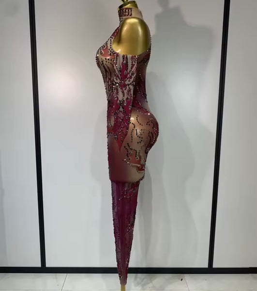 Women Color Rhinestone Mesh Full Sleeve Jumpsuit