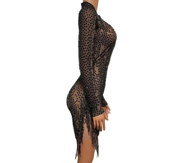 Women Black Sexy Beaded Tassel Full Sleeve Mesh Dress