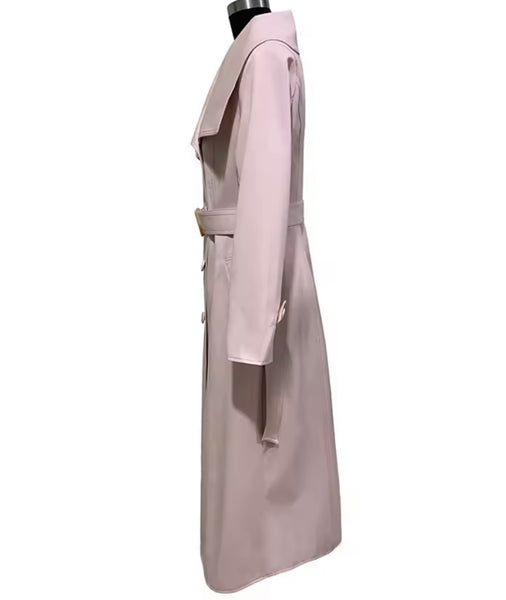 Women Fashion Pink Faux Leather Trench Jacket