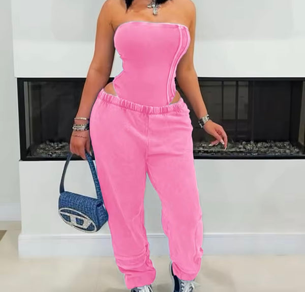 Women Strapless Color Bodysuit Two Piece Fashion Pant Set