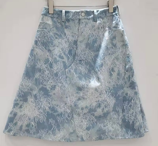 Women Fashion Zip Up Lace Denim Two Piece Skirt Set