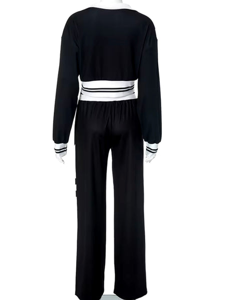 Women Fashion B&W Zip Up Two Piece Tracksuit Pant Set