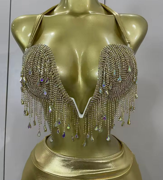 Women Rhinestone Tassel Halter Sleeveless Two Piece PU Skirt Set