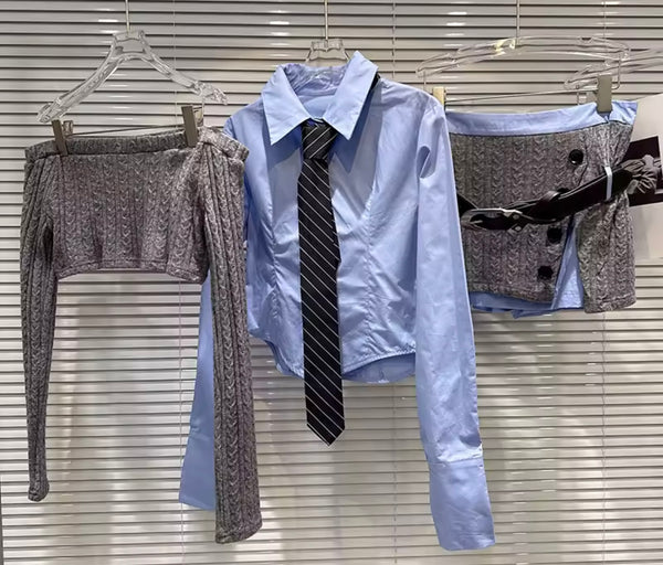 Women Fashion Tie Button Up Knitted Three Piece Skirt Set