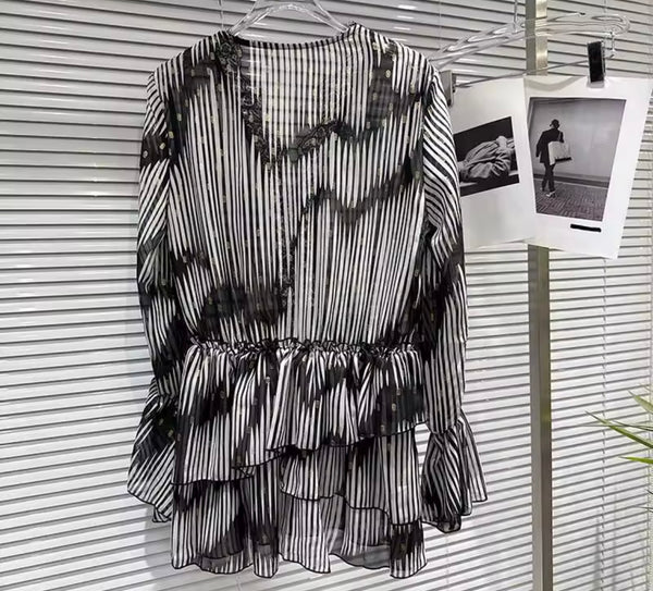 Women B&W Striped Ruffle Full Sleeve Dress