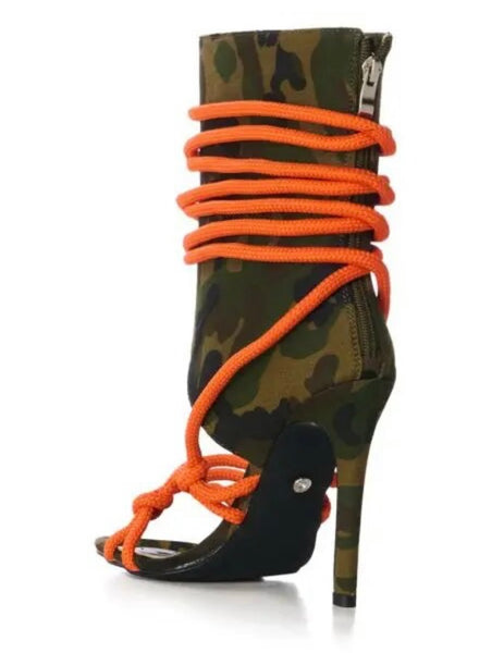 Women Fashion Open Toe Lace Up Camouflage Ankle Boots