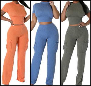 Women Solid Color Ribbed Short Sleeve Crop Two Piece Pant Set
