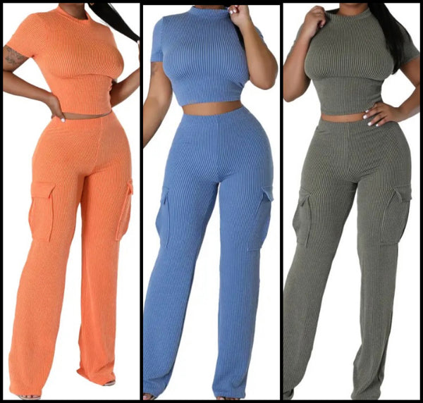 Women Solid Color Ribbed Short Sleeve Crop Two Piece Pant Set