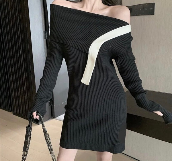 Women Off The Shoulder Ribbed Full Sleeve B&W Dress