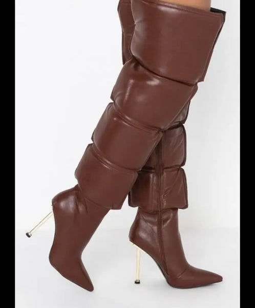 Women Brown Fashion Faux Leather Over The Knee High Heel Boots