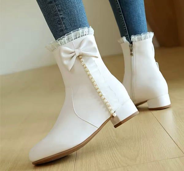 Women Fashion Pearl Color Patchwork Ruffled Bow Flat Ankle Boots