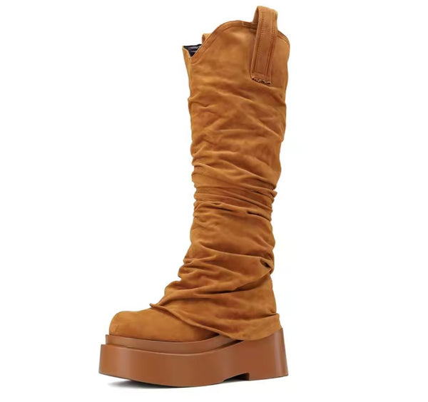 Women Fashion Color Platform Suede Ruched Knee High Boots