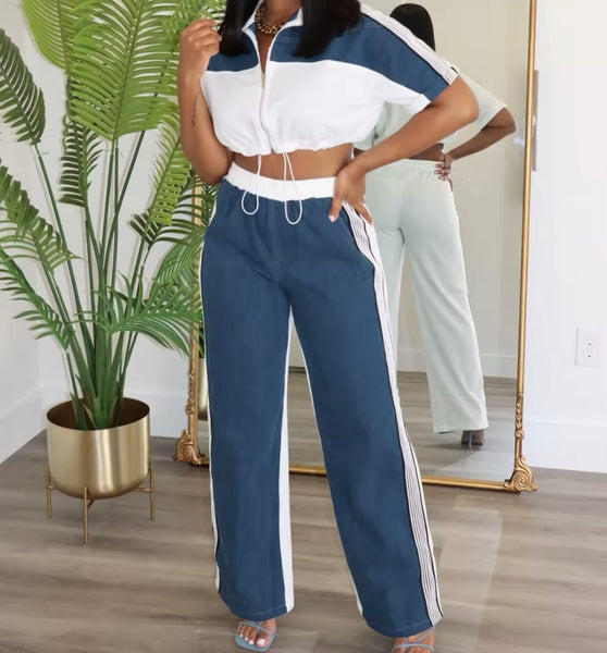 Women Fashion Color Patchwork Zip Up Short Sleeve Two Piece Pant Set