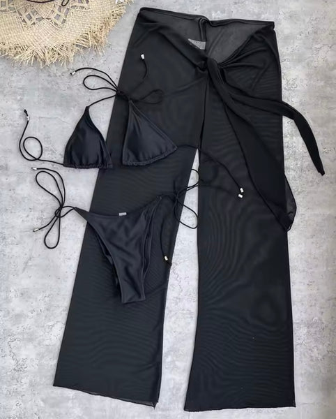 Women Sexy Halter Bikini Mesh Cover Up Set