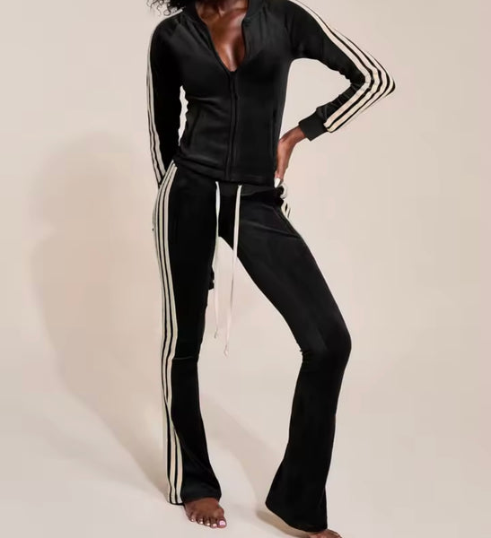 Women Fashion Velour Striped Zip Up Tracksuit Two Piece Pant Set