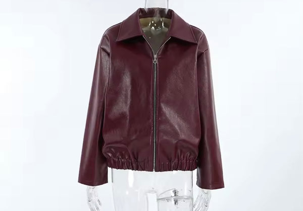Women Color Zip Up Fashion Faux Leather Jacket