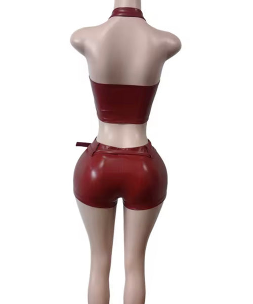 Women Fashion Zip Up Halter PU Leather Two Piece Short Set