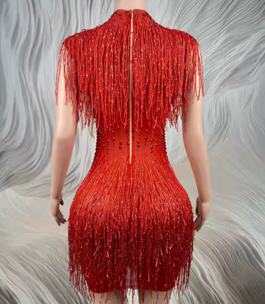 Women Red Sexy Fringe Tassel Rhinestone Dress
