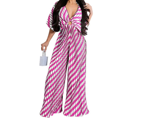 Women Sexy Striped V-Neck Short Sleeve Wide Leg Jumpsuit