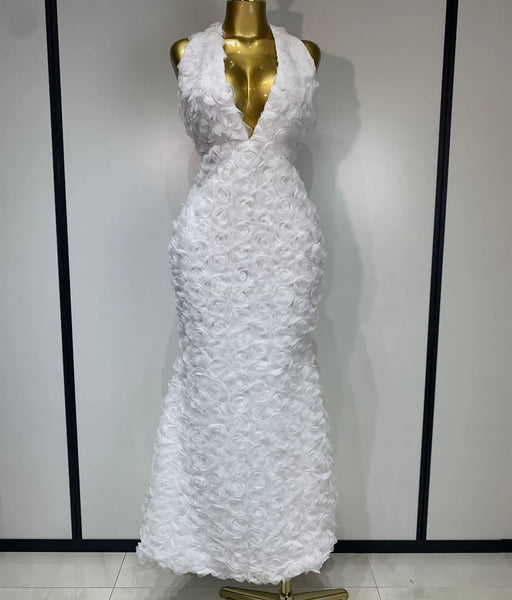 Women White Sexy Halter Open Back Sleeveless Floral Maxi Dress