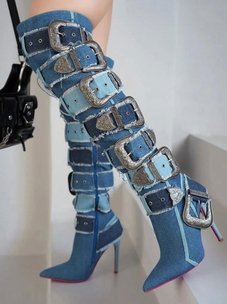 Women Fashion Color Patchwork Buckled Denim Knee High Boots