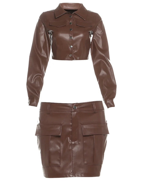 Women Brown Sexy Fashion Faux Leather Two Piece Skirt Set