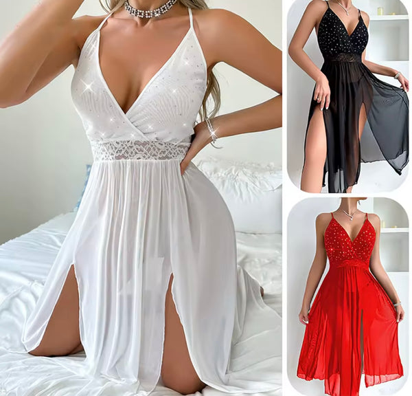 Women Sexy Sleeveless Bling Mesh Nightgown Lingerie