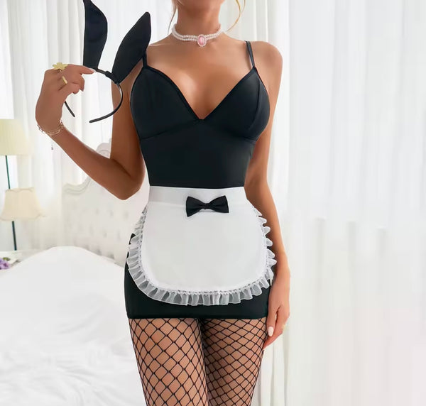 Women Sexy B&W Bunny Ears Headband Lingerie Set