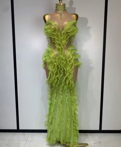 Women Sexy Sleeveless Color Rhinestone Ruffled Mesh Maxi Dress