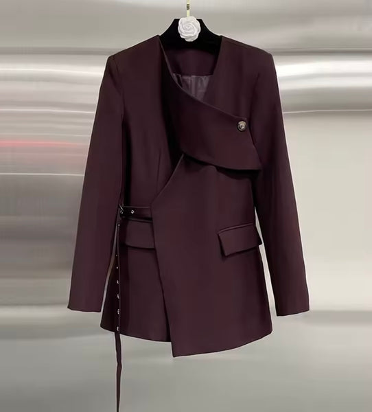 Women Burgundy Wrap Buckled Fashion Blazer Top