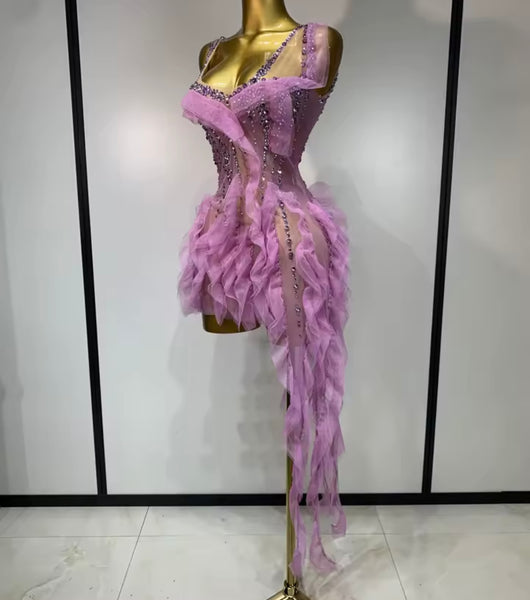 Women Sexy Lavender Ruffled Bling Sleeveless Tassel Dress