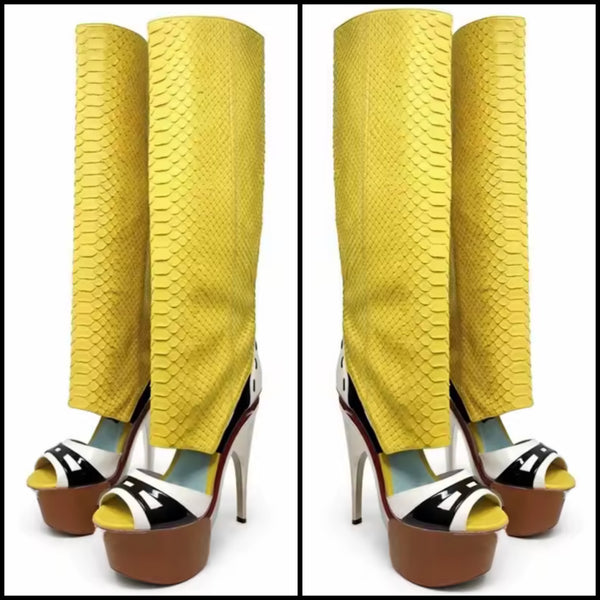 Women Fashion Open Toe Color Patchwork Platform Knee High Boots