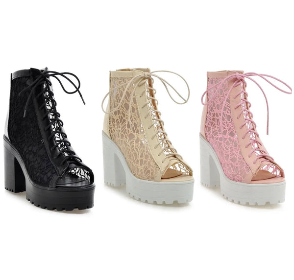 Women Fashion Open Toe Lace Platform Tie Up Ankle Boots