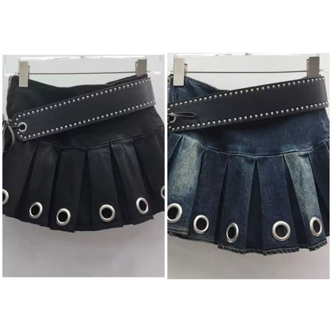 Women Sexy Fashion Belted Rivet Denim Pleated Skirt