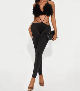 Women Sexy Feather Sleeveless Open Back Jumpsuit