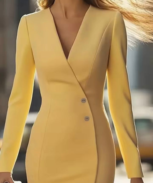 Women Color Button Full Sleeve Sexy Blazer Dress