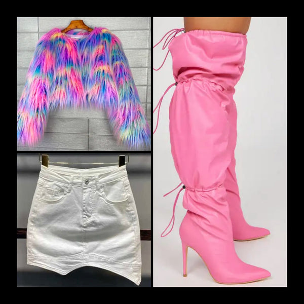 Women Fashion Faux Leather Pink Drawstring Knee High Boots