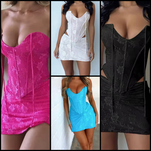 Women Sexy Strapless Color Corset Two Piece Skirt Set